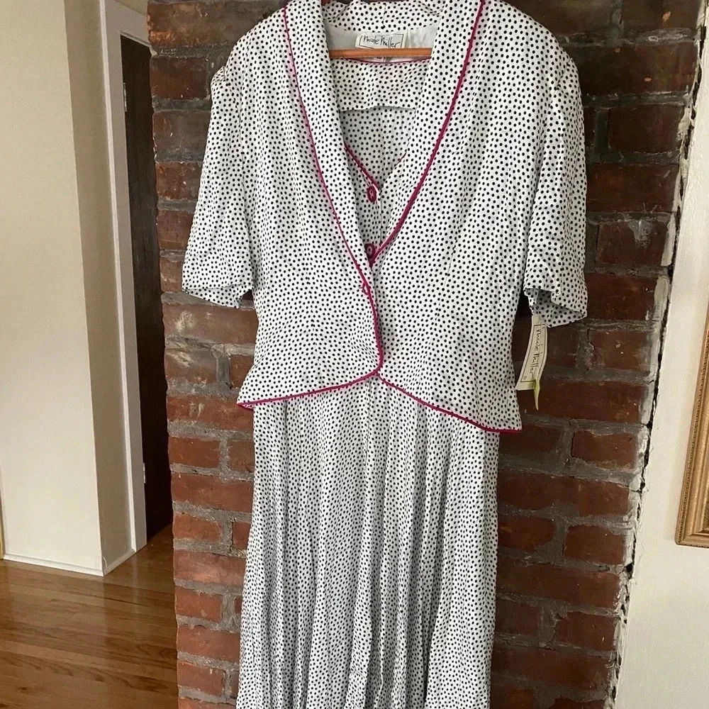 Vintage Nicole Miller 2 Pc Polka Dot Maxi Dress Blazer Suit Set Made In USA BNWT
